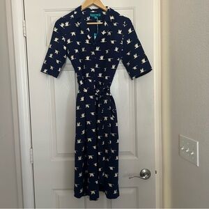 Fever London Aria Shirt Dress Womens Size 8 Navy Blue White Bird Print